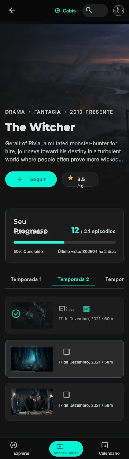 Prévia do Gabis no celular — progresso e detalhes da série